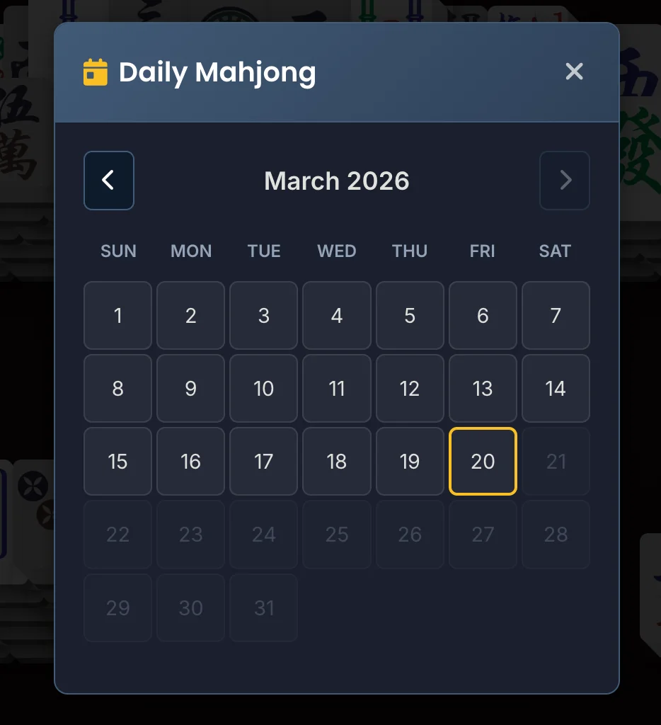 Daily Mahjong Challenge calendar modal showing completion tracking and streaks
