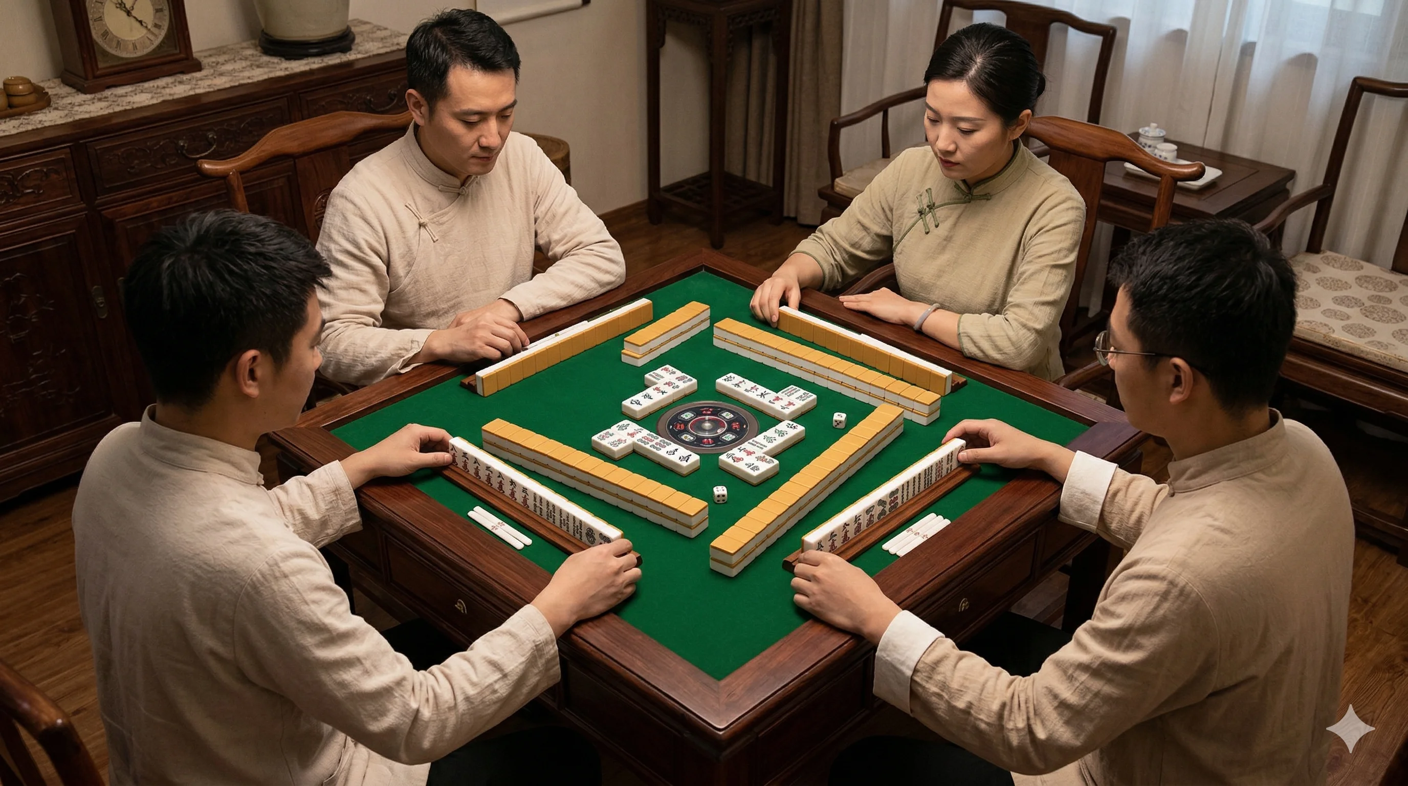 Traditional Mahjong table with 4 players, tile wall, and player hands